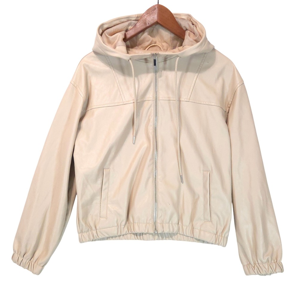 Cream Vegan Leather Hooded Bomber Jacket Women M Clean Girl Streetwear Biker
